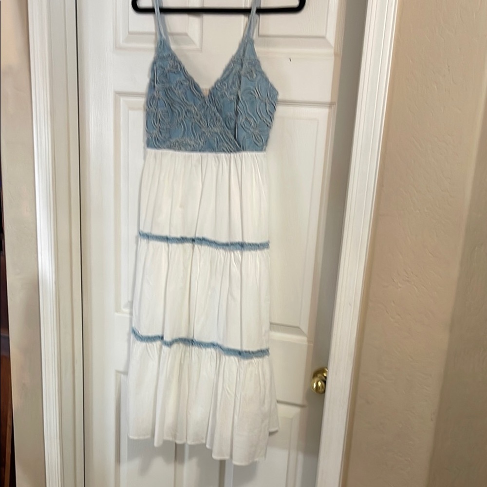 SOLD - Sexy Frayed Denim and White Cotton Sundress - Picture 2 of 12